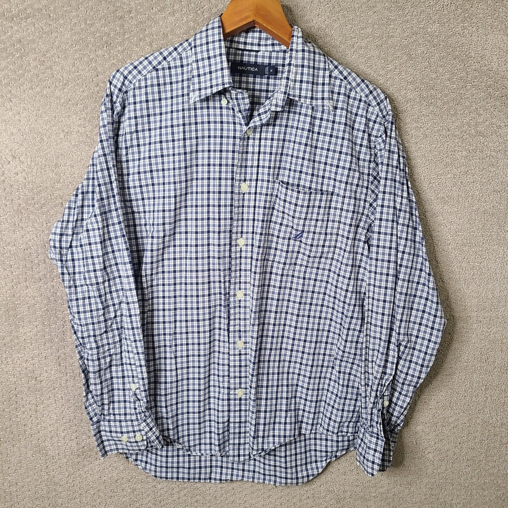 Nautica Shirt Mens Medium Blue Plaid Button Down Cotton Long Sleeve Casual